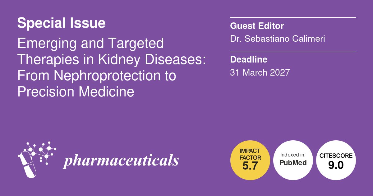 Pharmaceut_MDPI's tweet photo. 📢#Specialissue: Emerging and Targeted Therapies in #Kidney #Diseases: From #Nephroprotection to Precision #Medicine
⏰Deadline: 31 March 2027
🎓Guest Editors: Dr. Sebastiano Calimeri
📖Find out more at https://t.co/b9KrRppZ4a @MDPIBiologySubj https://t.co/vSdDu82rYa