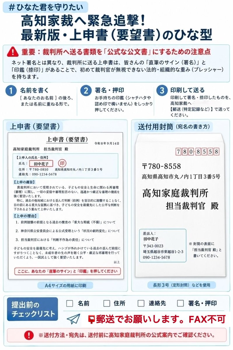Aco20co22's tweet photo. 🔻【最新版・上申書】🔻
※郵送のみ
ひな形・書き方・内容・重要ポイント���まとめています💡

⚠️一度提出した方も再送できます。
最新版を確認のうえ、ぜひご提出ください！

※Ravenさんのリンクを引用しています。
#ひなた君を守りたい
#高知家裁
#最新版上申書ひな形
#提出方法 https://t.co/a4flcZ77OK