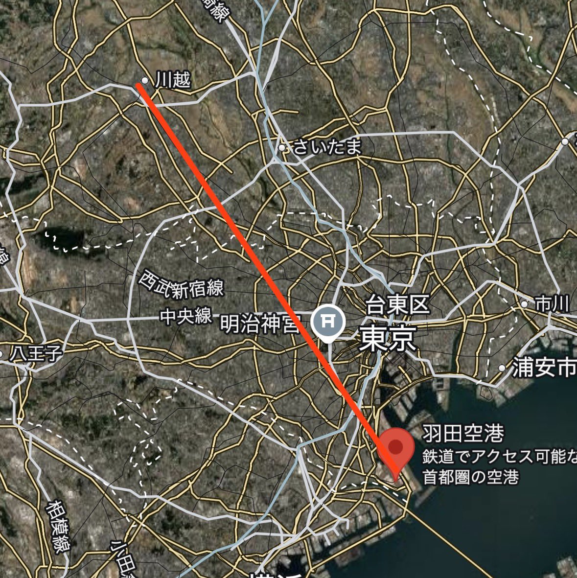 sakkurusan's tweet photo. 冷静に考えると、羽田空港から直線距離で川越までの距離を。1時間に5本、最速33分。遅くとも43分で走る「快速エアポート」をバカスカ走らせて結ぶJR北海道は凄いと思うんだよ。 https://t.co/UkGUBmmQQr