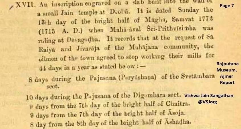 vishwajains's tweet photo. देवोलिया, अजमेर (राजस्थान) जैन मन्दिर की दीवार पर वर्ष 1715 में अंकित शिलालेख में देवगुढा के शासक महारावल श्री पृथ्वीसिम्हा शासनकाल में जैन समाज के सरैया व जीवराज के निवेदन पर वर्ष में #Jain पर्युषण पर्व के 18 दिन व अन्य 26 दिन में मिल मालिकों ने मिल बंद करने का निर्णय लेना अंकित है।

शिलालेख में मिलें बंद करने के 44 दिनों में जैन पर्युषण पर्व के 18 दिन, 9 दिन चेत्र, 9 दिन असौज और 8 दिन असाढ़ के अंकित है!
                                                                             👉🏽 अजमेर के राजपूताना संग्रहालय की वर्ष 1935-40 की रिपोर्ट में प्रामाणिक जानकारी पढ़ें।