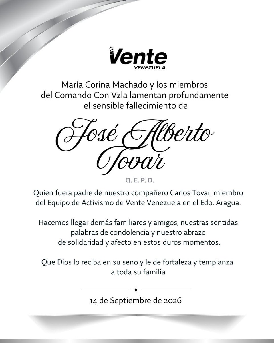 VenteDDHH's tweet photo. La crueldad de la persecución política destruye familias.

Mientras el dirigente político Carlos Tovar permanece encarcelado arbitrariamente desde el 27 de junio de 2024, hoy enfrenta tras las rejas el golpe más duro: la dolorosa pérdida de su padre.

Carlos, fue detenido injustamente por coordinar a los motorizados y comanditos de Vente Venezuela en Aragua.

Hoy, el sistema le arrebata el derecho de despedir a su padre y acompañar a su familia en este profundo dolor.

Acompañamos a toda la familia Tovar y extendemos nuestras sinceras condolencias en este momento tan desgarrador.

Carlos debería estar con su familia. Debería poder despedir a su padre.

Exigimos su LIBERTAD INMEDIATA.