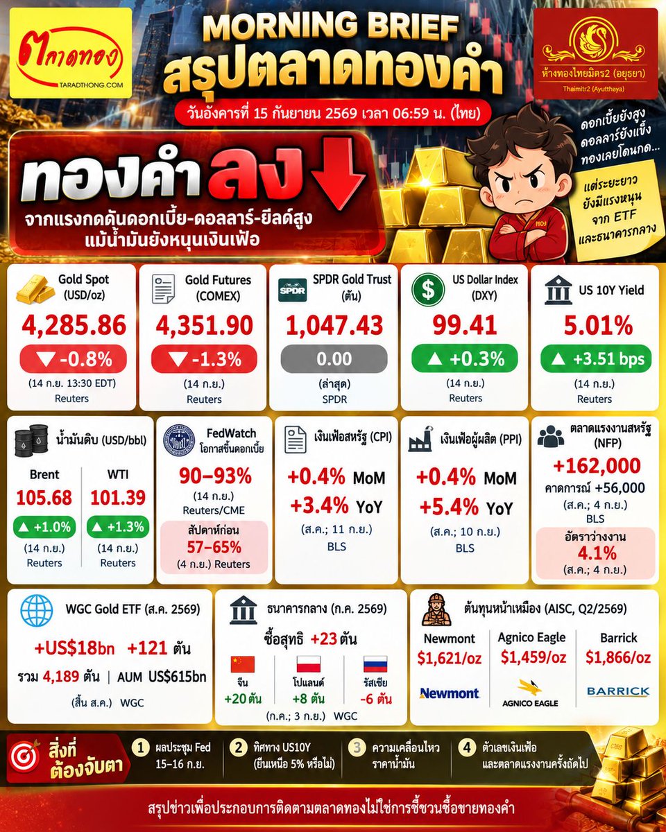 taradthong's tweet photo. MORNING BRIEF — สรุปตลาดทองคำ
เช้าวันอังคารที่ 15 กันยายน 2569 เวลา 06:59
ทองลง -0.8% สู่ $4,312.59 ขณะที่ FedWatch พุ่ง 93%, US10Y ทะลุ 5% และดอลลาร์แข็ง — ก่อนรู้ผล Fed 16 ก.ย. ตลาดยังให้น้ำหนักฝั่งดอกเบี้ยมากกว่า Safe Haven
#ราคาทอง #ตลาดทอง #ไทยมิตร2 https://t.co/dFO1B8TCH1
