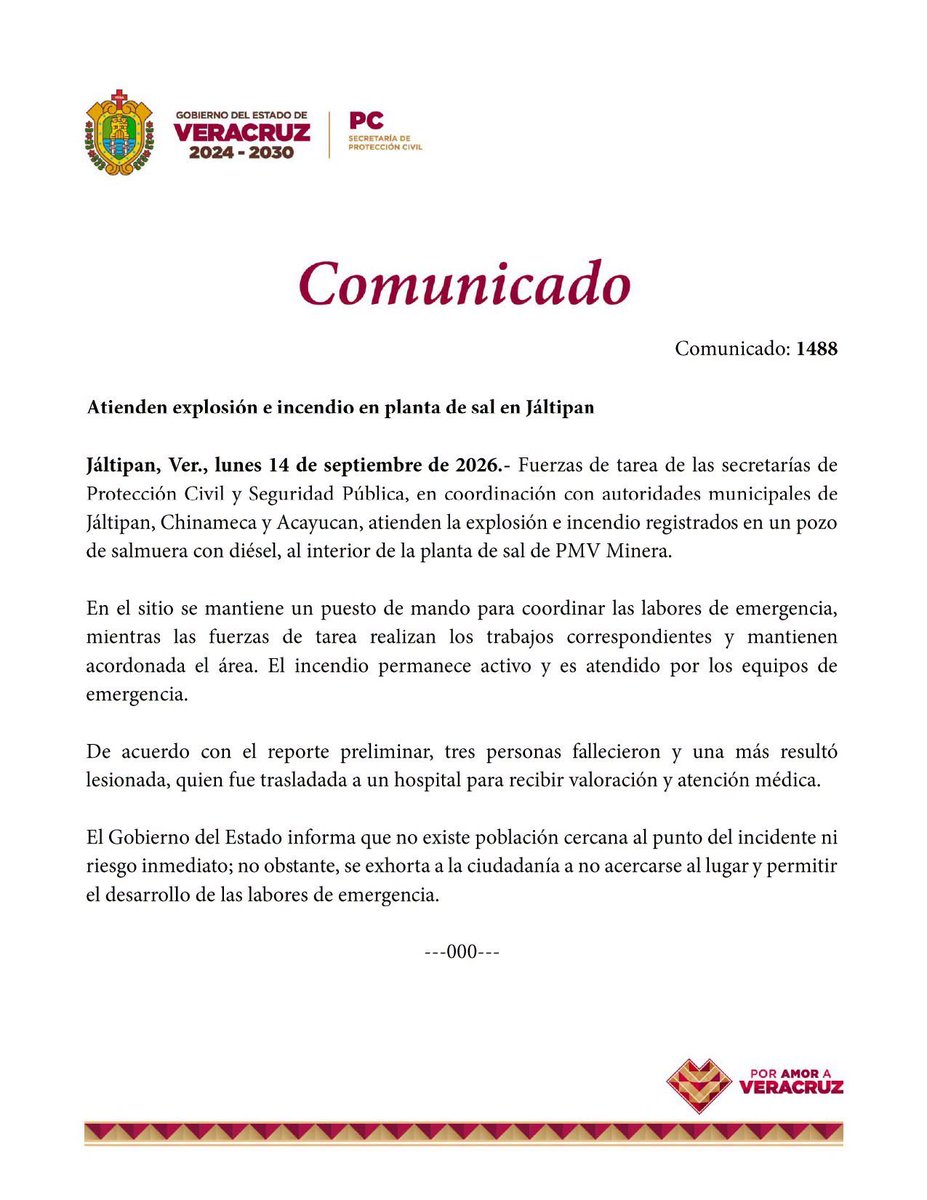 LupitaJuarezH's tweet photo. 🚨🔴 Tres personas murieron y una resultó herida tras la explosión de un pozo con salmuera y diésel en la planta de PMV Minera, en Jáltipan. Autoridades de Veracruz informan que no existe población cercana ni riesgo inmediato.

Pemex aclara que el evento no corresponde a instalaciones ni operaciones de la empresa y anuncia que ha puesto a disposición de las autoridades su infraestructura hospitalaria en la zona para apoyar a quienes pudieran resultar afectadas.

La gobernadora Rocío Nahle informó que también estarán a disposición los hospitales del IMSS e ISSSTE de Minatitlán y Coatzacoalcos.