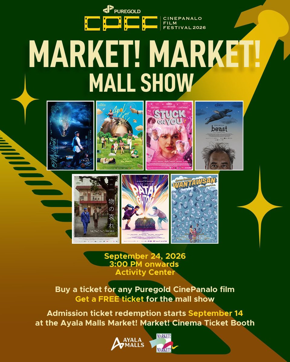 MarketMarketBGC's tweet photo. Catch the Puregold CinePanalo mall show at Market! Market! on Sep 24 at the Activity Center! π¬β¨
To join, purchase a ticket at Market! Market! Cinemas and get a FREE ticket to the show!β¨π
#PuregoldCinePanalo #PanaloSaHusay #AlwaysPanalo #FunInTheFinds #iLoveMarketMarket https://t.co/Dr2Zp0ZRVn