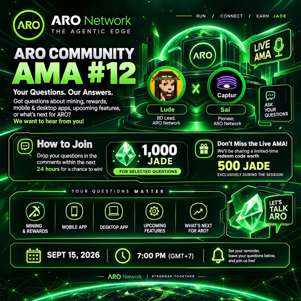 Kaivandra14_'s tweet photo. ARO Community AMA #12

Got questions about ARO, mining, rewards, apps, or upcoming features?

Drop your questions for a chance to win 1,000 JADE. 

📅 Sept 15, 2026 — 7 PM GMT+7
🎁 500 JADE redeem code during the LIVE AMA

Ask. Connect. Discover ARO. 
@AroNetwork @AroNetwork_id https://t.co/F16tKwY6w6