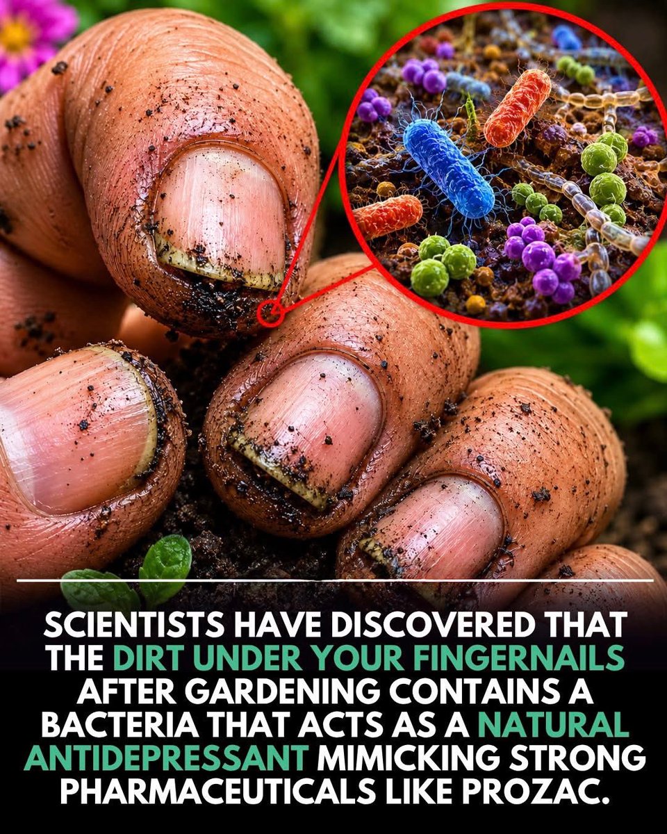scitechgirl's tweet photo. 🚨 THE DIRT UNDER YOUR FINGERNAILS MAY BE DOING SOMETHING AMAZING... 

What if one of nature’s hidden mood boosters was sitting right in your garden?
Scientists have discovered that a soil bacterium called Mycobacterium vaccae may help increase serotonin, a brain chemical linked to happiness, relaxation, and emotional well-being. Researchers found that exposure to this microbe could produce effects similar to some antidepressant medications.

It may help explain why so many people feel calmer, happier, and less stressed after spending time gardening. The next time you notice dirt under your fingernails, remember—it might be doing more than helping your plants grow.

Sometimes nature hides its most surprising secrets in the places we least expect. 

Source:
Lowry, C. A., et al. Neuroscience.