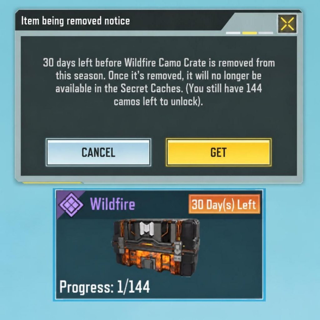 origaries's tweet photo. Wildfire Camo is leaving soon and will be replaced by a new Secret Cache Camo in Season 9. Get it while you still can! π₯
#CODM #CODMobile #ArieStyle https://t.co/kmCzetcYlX