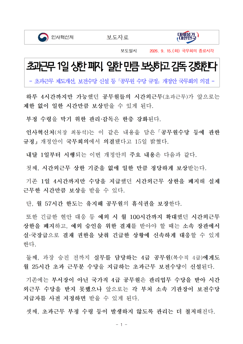 with_dstchoe's tweet photo. 오늘 국무회의에서 「공무원수당 등에 관한 규정」 개정안이 의결되었습니다.

10월부터 시간외근무(초과근무) 1일 4시간 상한 기준을 폐지하고 실근무 시간만큼 보상받을 수 있게 됩니다. 다만, 월 57시간 한도는 유지하여 공무원의 휴식권을 보장합니다.

또한, 긴급 현안 대응 등 예외 시 초과근무 상한(월 100시간)을 폐지하고, 예외 승인 결재 권한을 실·국장급으로 낮추어 신속하게 대응합니다.

초과근무 상한 폐지로 인한 부정 수령을 막기 위해 관리·감독을 강화합니다. 초과근무 부정 수령이 발생하지 않도록 초과근무 중 일정 시간 간격으로 실제 근무 여부를 등록하고, 부서장이 그 결과를 확인할 수 있도록 합니다. 

징계 요구 기준 강화 및 부정 수령 징계가 강화됩니다. 또한, 감독자 문책 기준에 초과근무 부정 수령을 명시해 소속 직원의 관리자의 감독·책임을 강화합니다.

일한 만큼 정당하게 보상받고, 그에 대한 관리는 더 철저하게 하겠습니다.