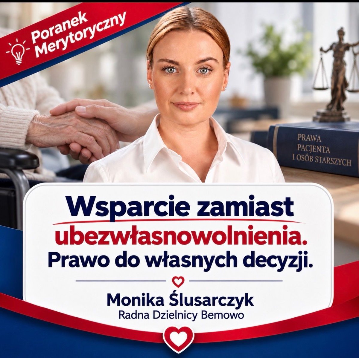 MSlusarczykKO's tweet photo. 7:30 | Poranek Merytoryczny|

Przez ponad 60 lat polskie prawo opierało się na rozwiązaniu, które w określonych sytuacjach pozwalało całkowicie albo częściowo pozbawić człowieka możliwości samodzielnego podejmowania decyzji prawnych.

Teraz ma się to zmienić.

Rządowy projekt ustawy o instrumentach wspieranego podejmowania decyzji zakłada odejście od instytucji ubezwłasnowolnienia i zastąpienie jej rozwiązaniami, które mają zapewniać potrzebną ochronę, ale jednocześnie pozostawiać człowiekowi możliwie dużą samodzielność. 

To szczególnie istotne dla osób z niepełnosprawnościami, osób starszych czy osób, które ze względu na stan zdrowia potrzebują pomocy w prowadzeniu swoich spraw.

Dziś ubezwłasnowolnienie całkowite oznacza utratę zdolności do czynności prawnych, a ubezwłasnowolnienie częściowe znacząco ją ogranicza. Reforma ma odwrócić tę logikę: zamiast odbierać możliwość decydowania - dobierać zakres wsparcia do konkretnej osoby i konkretnej sytuacji. 

Projekt przewiduje cztery główne formy wsparcia:

👉 asystenta prawnego – wybranego przez samą osobę, który pomoże zrozumieć dokumenty, przepisy czy załatwiać sprawy, ale nie będzie podejmował decyzji za nią,

👉 kuratora wspierającego – ustanawianego przez sąd, który ma pomagać w podejmowaniu decyzji bez przejmowania prawa do decydowania,

👉 kuratora reprezentującego – w sytuacji, gdy dana osoba mimo wsparcia nie jest w stanie samodzielnie dokonać określonych czynności; jego kompetencje mają być ściśle określone przez sąd,

👉 pełnomocnika rejestrowanego – którego będzie można wcześniej wskazać u notariusza na wypadek utraty możliwości samodzielnego prowadzenia swoich spraw w przyszłości. 

To nie jest jeszcze obowiązujące prawo. Projekt znajduje się w Sejmie. Po pierwszym czytaniu został skierowany do prac komisji, a 2 września odbyło się wysłuchanie publiczne z udziałem ekspertów i przedstawicieli środowisk osób z niepełnosprawnościami. 

To jedna z tych reform, które mogą wydawać się bardzo „prawnicze”, ale w praktyce dotyczą rzeczy fundamentalnych: możliwości decydowania o swoim leczeniu, majątku, codziennych sprawach i własnym życiu.