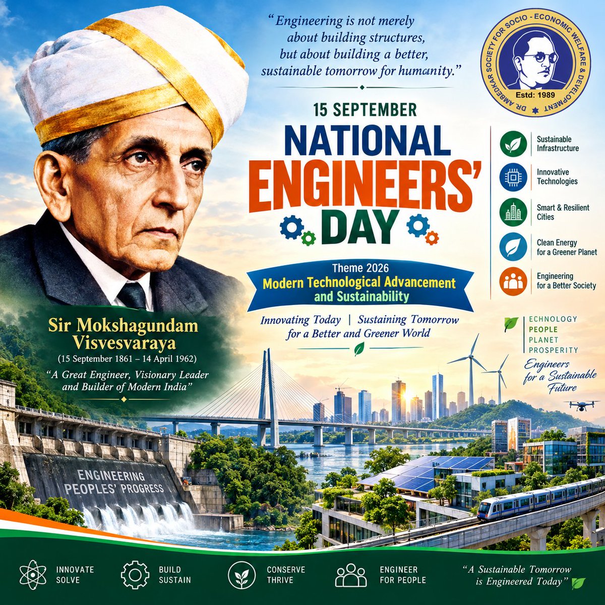 SamratPandit90's tweet photo. 🇮🇳🔧 National Engineers’ Day — 15 September

Saluting the Engineers Who Build India’s Future

Today, on National Engineers’ Day, we remember and honour Sir Mokshagundam Visvesvaraya (15 September 1861 – 14 April 1962)—one of India’s greatest engineers, visionaries and nation-builders. His life reminds us that engineering is not merely about machines, bridges or buildings; it is about solving human problems and creating a better society.

From the dams and irrigation systems that transformed agricultural landscapes to the railways, bridges, highways, ports and power infrastructure that connected the nation, Indian engineers have played an extraordinary role in India’s development.

Today, their contribution extends far beyond traditional infrastructure. India’s engineers are helping shape a new technological era through:

🔹 Space & exploration — advancing India’s capabilities through missions to the Moon, Mars and beyond.
🔹 Digital India — building world-class digital public infrastructure, fintech and communication systems.
🔹 Indigenous technology — strengthening India’s capabilities in electronics, semiconductors, defence and advanced manufacturing.
🔹 Renewable energy — expanding solar, wind, green hydrogen and clean-energy technologies.
🔹 Modern transportation — developing metros, high-speed rail, intelligent highways and electric mobility.
🔹 Water & climate resilience — creating innovative solutions for water security, flood management and sustainable cities.
🔹 Healthcare & biotechnology — applying engineering and technology to improve lives.

🌱 The future belongs to sustainable engineering

The challenge before the engineers of tomorrow is even greater: How do we achieve technological progress without compromising the planet?

Artificial intelligence, robotics, quantum technology, smart cities, renewable energy, climate-resilient infrastructure, green buildings and circular-economy solutions will increasingly shape our future.

The engineering vision for India must therefore be:

Innovate Today • Build Responsibly • Sustain Tomorrow

Let us celebrate every engineer whose knowledge, creativity and dedication turns an idea into reality—and transforms challenges into opportunities.

Happy National Engineers’ Day! 🇮🇳⚙️🌱

Remembering Sir M. Visvesvaraya: a visionary who showed that engineering can be an instrument of nation-building.

#NationalEngineersDay #EngineersDay #SirMV #Visvesvaraya #EngineeringIndia #Technology #Innovation #Sustainability #DigitalIndia #MakeInIndia #GreenTechnology #SmartIndia #ViksitBharat #EngineeringForHumanity #India2047