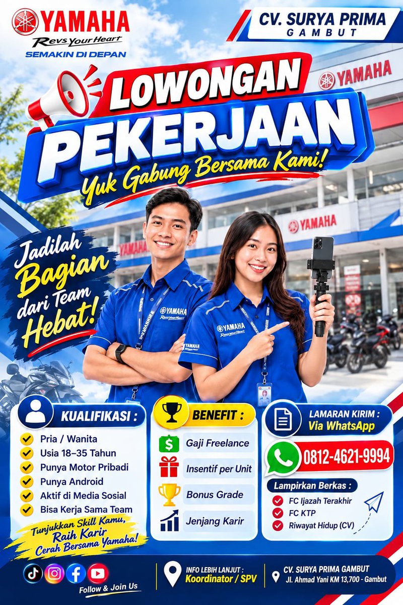 Infolokerkalsel's tweet photo. 𝐋𝐎𝐖𝐎𝐍��𝐀𝐍 𝐊𝐄𝐑𝐉𝐀 𝐘𝐀𝐌𝐀𝐇𝐀

𝐌𝐈𝐍𝐀𝐓, 𝐁𝐈𝐒𝐀 𝐋𝐀𝐍𝐆𝐒𝐔𝐍𝐆 𝐊𝐄𝐑𝐉𝐀
Hub. 081246219994
https://t.co/AGuMiUGpln
 (Koordinator) https://t.co/jUhRQwSpzC