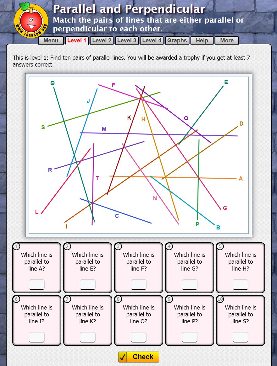 Transum's tweet photo. A gentle introduction to parallel and perpendicular lines for younger learners. This new exercise has four self-marking levels to help pupils get a feel for the terms before using them in geometry or graphs. No preparation needed, just send the link.

https://t.co/dUAYy2q4va https://t.co/mUrOWm62b5