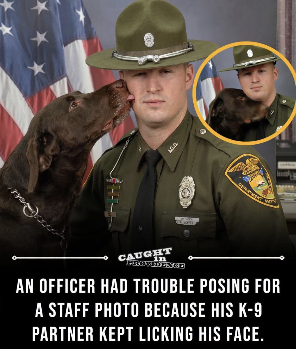 atensnut's tweet photo. Goodnight 💤😴 

This is the cutest story.  Indiana Conservation Officer was having his official staff portrait taken when Kenobi kept showing his affection for his partner, Levi Knach.  Just adorable. https://t.co/kxmWlzqnuk