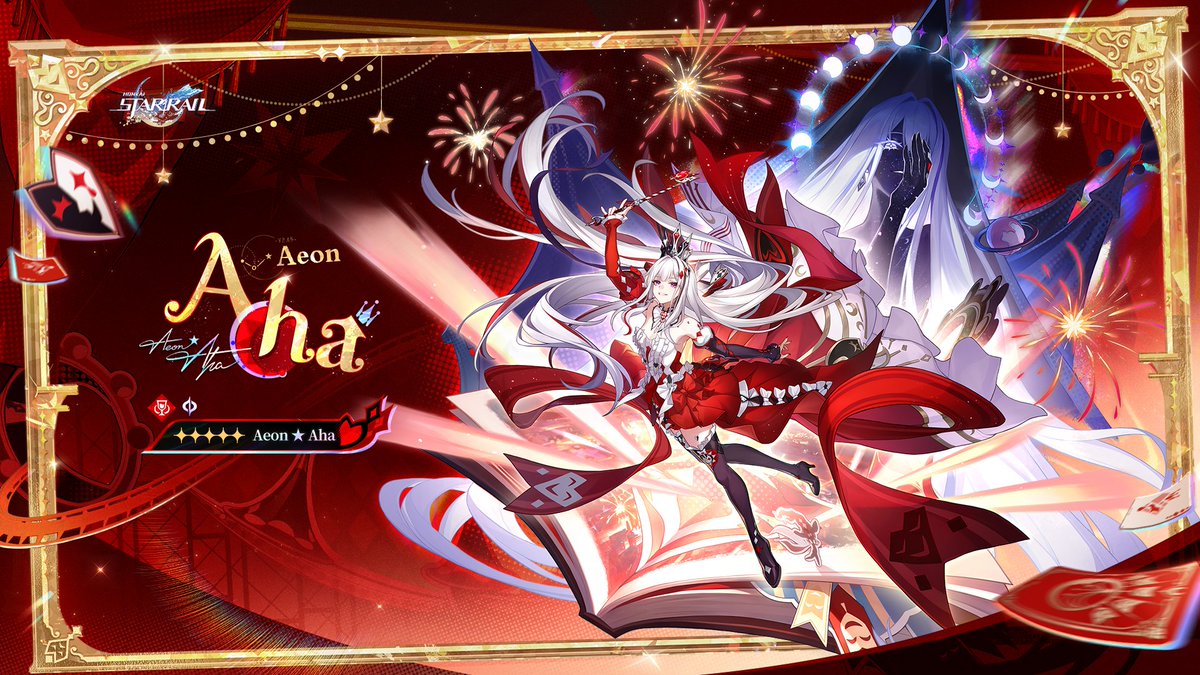 honkaistarrail's tweet photo. "Aha Instant" | Aeon ★ Aha

"Akivili, who has set forth once more... can you guess who I am now? A comic artist? A Mourning Actor? A Nameless? The Lotto Goddess...? In this cosmic drama, Aha has worn countless Masks, but from beginning to end, I have been the master of every twist upon the stage. The stars are already singing for us. Ready to embark on a grand carnival of revelry together?"

Cries and comedy intertwine, and the deathly still cosmos awakens to daybreak in a farce.
Stepping back onto the stage of the Path, I tear off the god's mask. Who is Aha? I am Aha!
To play, to trick, to hunt... Please bear witness to an Improv Tour where humans and gods dance as one!

Aha! Proudly presenting the Aeon Aha as:
✧ "The Aeons' Strictest Mother" 1st Place ✧
✧ "Aha Bets on Underdogs and Wins Big" 1st Place ✧
✧ "Miss You So Much My Head Fell Off" 1st Place ✧