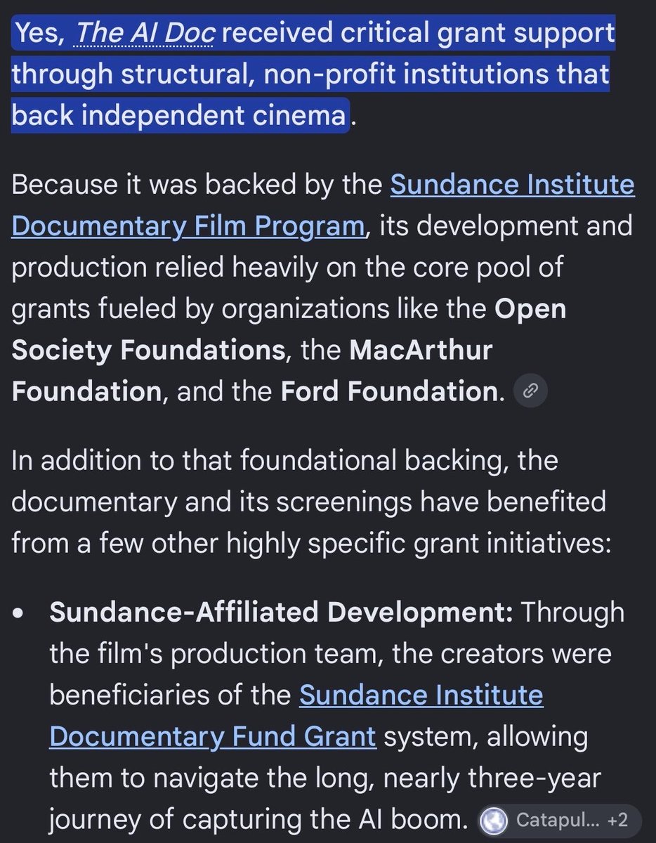 ErikaCA47's tweet photo. Want to understand how propaganda works?

Tomorrow, Netflix premieres The AI Doc starring Sam Altman, Dario Amodei, and also Reid Hoffman. 🙄

The topic? Impending doom about AI. 

The movie was launched by Sundance Festival in February. Yup. The Sundance Documentary Program where George Soros is the original architect and founding financial backer.

The AI Doc received grants from Open Society, Ford Foundation, and MacArthur. 

It’s. A. Globalist. Op. Receipts. ⬇️