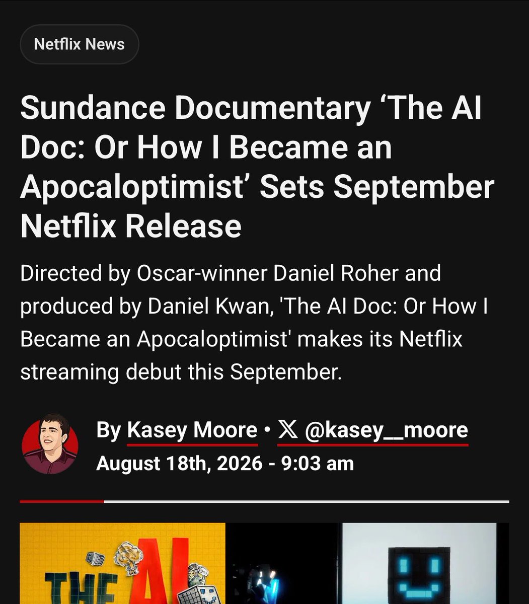 ErikaCA47's tweet photo. Want to understand how propaganda works?

Tomorrow, Netflix premieres The AI Doc starring Sam Altman, Dario Amodei, and also Reid Hoffman. 🙄

The topic? Impending doom about AI. 

The movie was launched by Sundance Festival in February. Yup. The Sundance Documentary Program where George Soros is the original architect and founding financial backer.

The AI Doc received grants from Open Society, Ford Foundation, and MacArthur. 

It’s. A. Globalist. Op. Receipts. ⬇️
