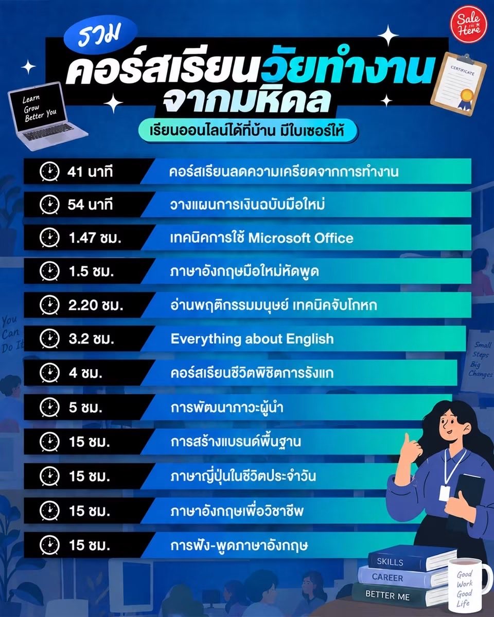 salehere1's tweet photo. 📣 วัยทำงานเซฟโพสต์นี้ไว้เลย! ม.มหิดลมีคอร์สออนไลน์ให้เลือกอัปสกิลเพียบ 📚 เรียนออนไลน์ได้ที่บ้าน แถมเรียนจบมีใบเซอร์ให้ด้วย 🧑🏻‍💻✨ ลองเลือกเรียนกันได้ตามใจ ใครอยากเพิ่มสกิลลงเรซูเม่ต้องจัดแล้วน้า

📍พิกัดคอร์สเรียนอยู่ใต้คอมเมนต์ 👇🏻

#SaleHere #เซลเฮียร์ #คอร์สเรียนฟรี #มหิดล #คอร์สออนไลน์