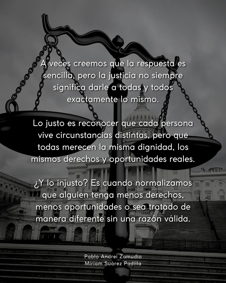 pabloandreiPAZ's tweet photo. ⚖️ ¿Justicia es darle a todos exactamente lo mismo? No siempre.

Lo verdaderamente justo es reconocer que cada persona vive circunstancias distintas, pero que todas merecen los mismos derechos, oportunidades y dignidad. 🌍✨

Lo injusto es normalizar la desigualdad. La justicia no se trata solo de seguir reglas, sino de construir una sociedad más empática y humana. 🤝

💬 Para ti, ¿qué es lo más injusto que hemos normalizado? Te leo en los comentarios. 👇🏼