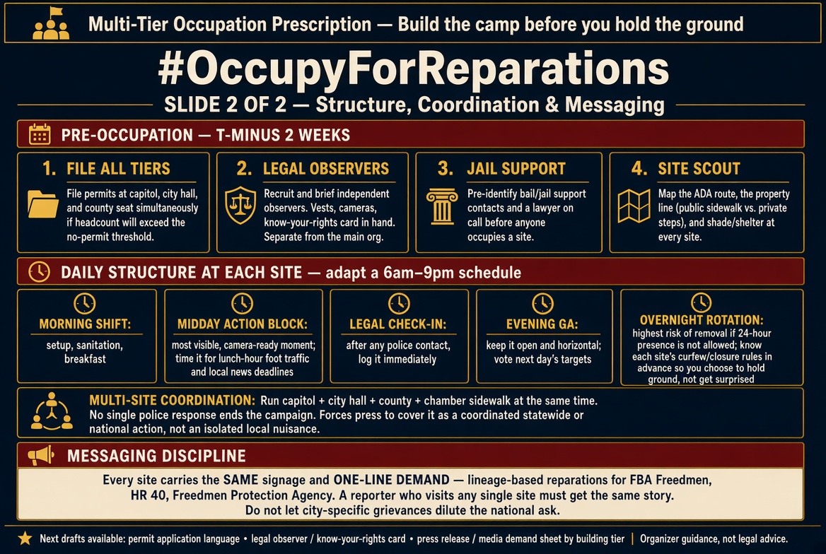 T_A_Activist's tweet photo. **#OccupyForReparations**  
**Media Demand Sheet**

**WHO WE ARE**  
FBA Freedmen: descendants of Africans chattel-enslaved in the United States and free people of color who resided in U.S. territories before 1865. This occupation stands for lineage-verified descendants, distinct from broader racial-category reparations frameworks.

**WHAT WE DEMAND**

1. **Immediate federal action on reparations for FBA Freedmen**, whether through Congressional passage of HR 40, executive order establishing a fact-finding commission, or any mechanism the federal government chooses. The path matters less than the outcome: the decades of research already exist. The federal government's job now is to review the existing findings and issue an official decision.
2. **Lineage-based cash reparations** for documented descendants, addressing losses valued at $200 trillion compounded, drawing on research from economists William Darity and Kirsten Mullen.
3. **A dedicated Freedmen Protection Agency** to administer genealogical verification, oversee compensation distribution, and enforce protections against lineage-based discrimination.
4. **Tax relief for FBA Freedmen and FBA-owned businesses** until documented economic parity is reached with the broader U.S. population.
5. **Protection of historically significant FBA Freedmen neighborhoods, schools, and cultural institutions** from displacement or development without community consent.

**WHY NOW**  
The 13th Amendment ended slavery in 1865. Special Field Order No. 15, the promise of "40 acres and a mule," went unfulfilled when President Andrew Johnson returned confiscated land to former slaveholders. The wealth gap that began there still stands: median White household wealth sits at $250,400, compared to $24,520 for Black households, according to Census Bureau data. [https://t.co/xihdRDFkVq](https://t.co/YWW10bNlFj)

The studies exist. The commissions have met. The government holds every fact it needs to act.

**HOW LONG WE STAY**  
This occupation continues until the federal government, through Congress or executive action, produces an official decision on reparations for FBA Freedmen.

**CONTACT**  
[Media contact name / phone / email]  
#OccupyForReparations

---