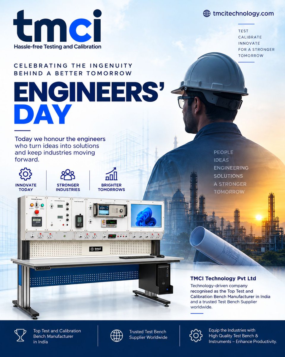tmcitechnology's tweet photo. Engineering is the art of turning ideas into innovation, challenges into solutions, and possibilities into progress.

Happy Engineers’ Day!

🌐 https://t.co/XxXgDLe8DF

#EngineersDay #HappyEngineersDay #TMCI #TMCITechnology #EngineeringInnovation #TestAndCalibration #TestBench https://t.co/aTempr1hzB