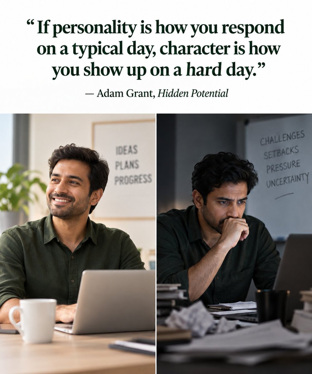 pgsubra's tweet photo. 𝗖𝗵𝗮𝗿𝗮𝗰𝘁𝗲𝗿 ��𝘀 𝗡𝗼𝘁 𝗣𝗲𝗿𝘀𝗼𝗻𝗮𝗹𝗶𝘁𝘆

Character shows up on hard days

For years I confused character with personality. I thought a person's character was just who they naturally are.

Hidden Potential by Adam Grant corrected that for me. He explains that personality is your predisposition, your basic instinct for how you think, feel, and act. Character is different. Character is your capacity to prioritize your values over your instincts.

Here is the line that stuck with me. If personality is how you respond on a typical day, character is how you show up on a hard day.

That distinction matters more than it sounds. Anyone can be patient when things are going well. Anyone can be honest when honesty is easy. The real test comes when it costs you something.

Grant also makes a point I had not considered. Character is more than having principles. It is a learned capacity to live by them. Which means character is not fixed. It can be built.

I think about the people I trust most. It is never their personality that earns my trust. It is how they behave under pressure.

What does your character look like on your hardest days?

#Enablinggrowth