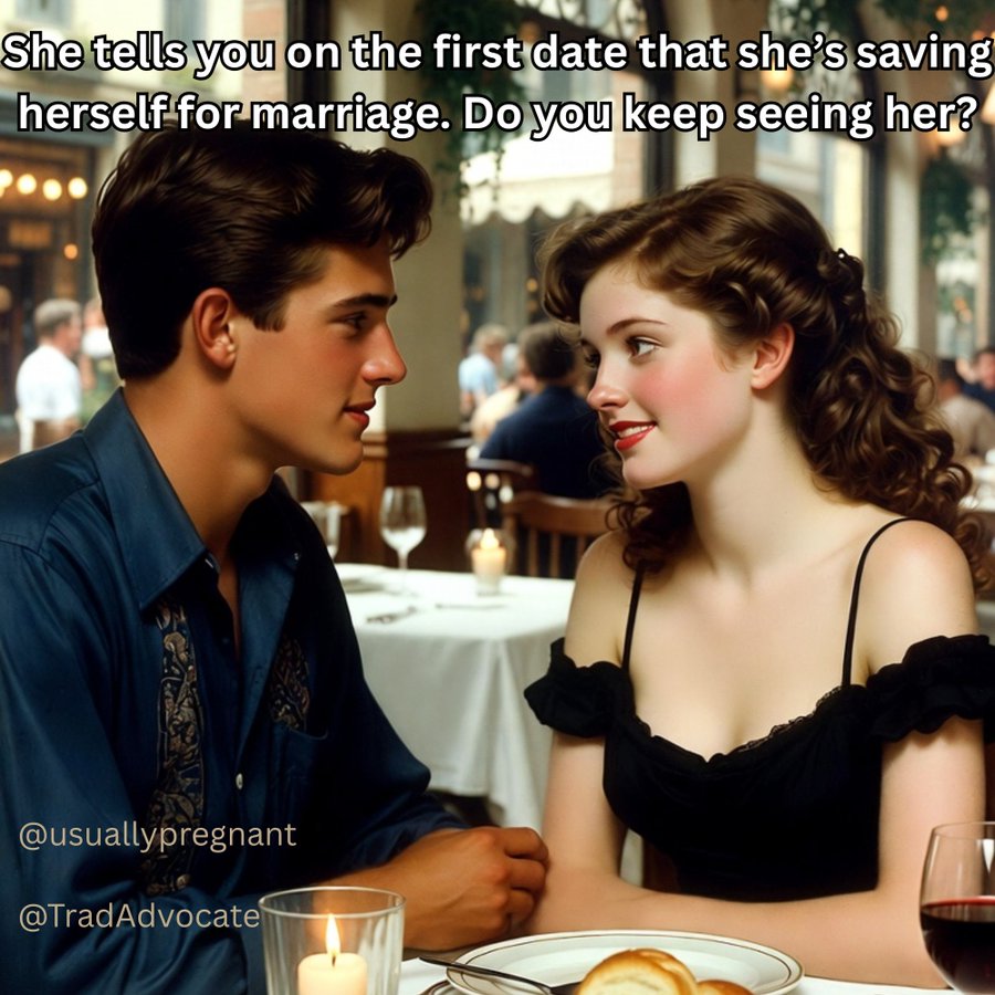 usuallypregnant's tweet photo. MEN - If she tells you on the first date that she is dating for marriage and is saving sex for marriage, would you want a second date? Why or why not? https://t.co/Cu24CZOL8u