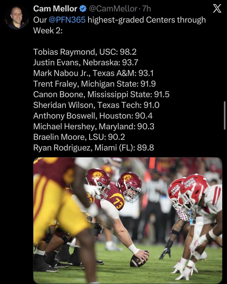 FightOnRusty's tweet photo. USC has the highest rated LG, RT, RG, and C, per @PFN365 

Elijah Paige is the 3rd highest rated LT

All 5 are recruited and developed by USC. If you aren't paying attention, USC is building a monster ✌🏻 https://t.co/jtTuYXk0L1