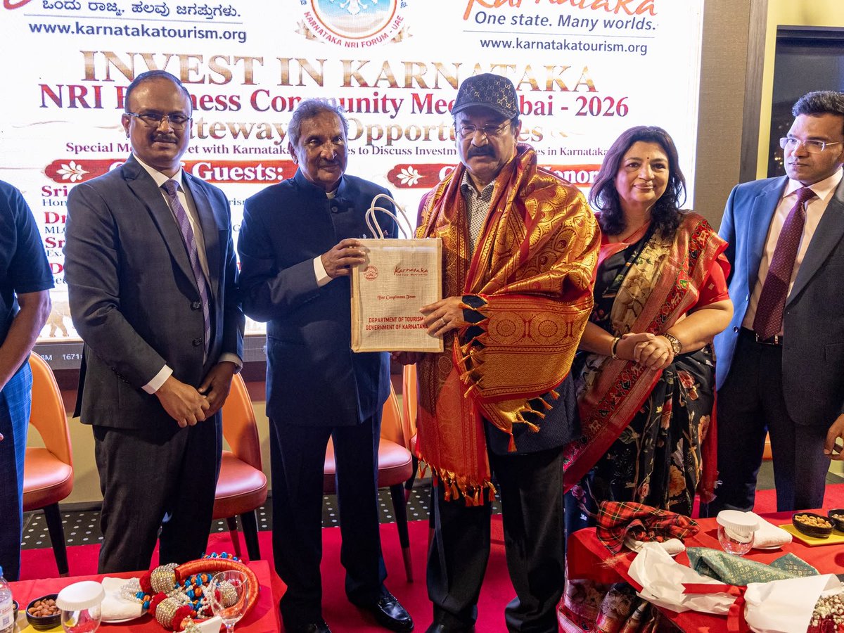 DrArathiKrishna's tweet photo. Delighted to be part of *Invest in Karnataka* NRI #Business Community meet Dubai-2026 org by Karnataka NRIs Forum,UAE.Along wit minister for tourism Sri K.J George, #KSTDC Chairman M.Sreenivas,Secretary,Tourism Ram Prasath Manohar &amp; prominent NRIs Ronald Colaco &amp; Moideen Thumbay https://t.co/vOoevaySu0