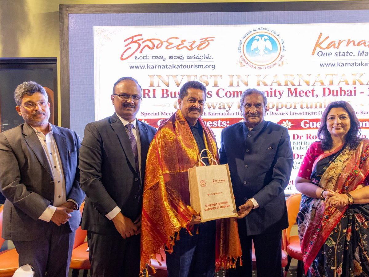 DrArathiKrishna's tweet photo. Delighted to be part of *Invest in Karnataka* NRI #Business Community meet Dubai-2026 org by Karnataka NRIs Forum,UAE.Along wit minister for tourism Sri K.J George, #KSTDC Chairman M.Sreenivas,Secretary,Tourism Ram Prasath Manohar &amp; prominent NRIs Ronald Colaco &amp; Moideen Thumbay https://t.co/vOoevaySu0