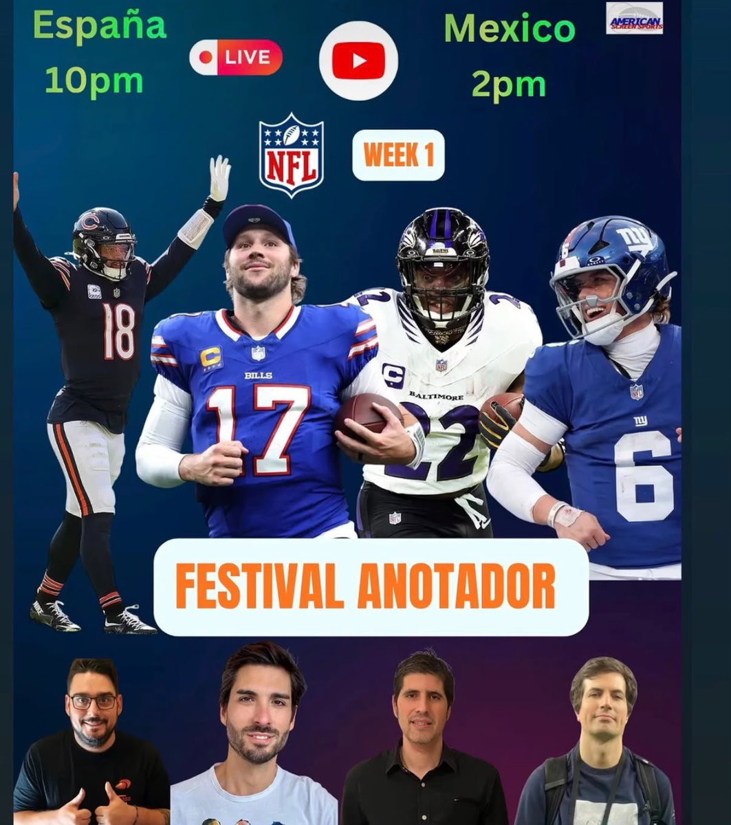 Americanscreen1's tweet photo. 🏈🔥👉Comienza la NFL y comenzamos con el análisis de la Week 1. Veniros a ver el mayor show del planeta @Ivan_Herce @NFL360Esp @jorge_hidalgo98 @farboledas90 @SandroMeco95 

🏈🔥👉 https://t.co/WgqaMLD8Td https://t.co/9lngAz50gQ