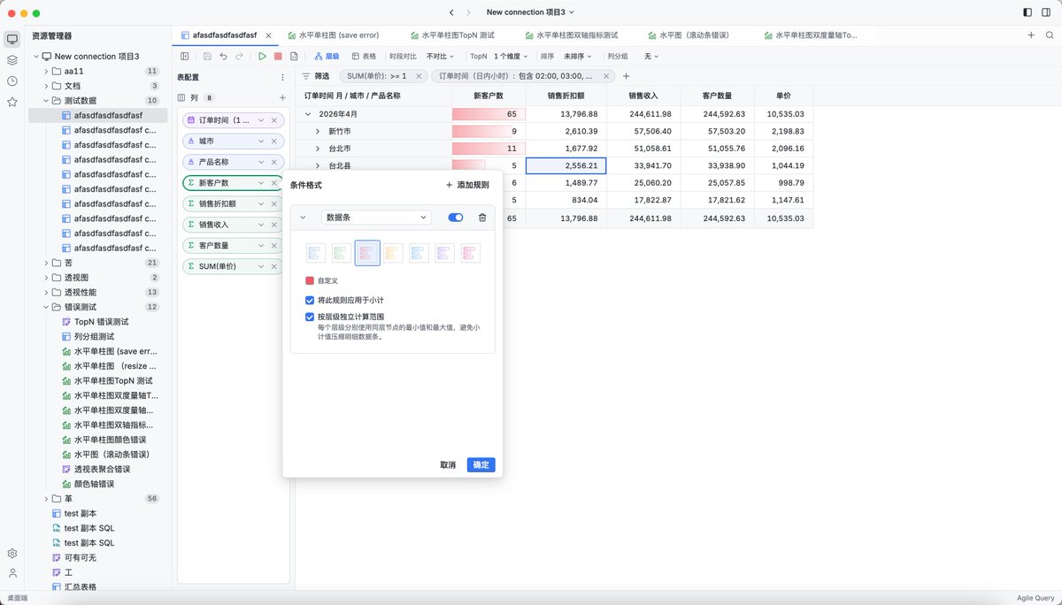 AgileQuery's tweet photo. Upgraded pivot tables in Agile Query Desktop 📊⚡

1️⃣ Hierarchical drill-downs (Month → City → Product)
2️⃣ In-cell visual data bars with custom palette presets
3️⃣ Smart scale calculation across hierarchy levels & subtotals
4️⃣ Multi-condition drag-and-drop filteringTurning dense spreadsheet data into glanceable insights.

#AgileQuery  #BusinessIntelligence  #Analytics #Productivity