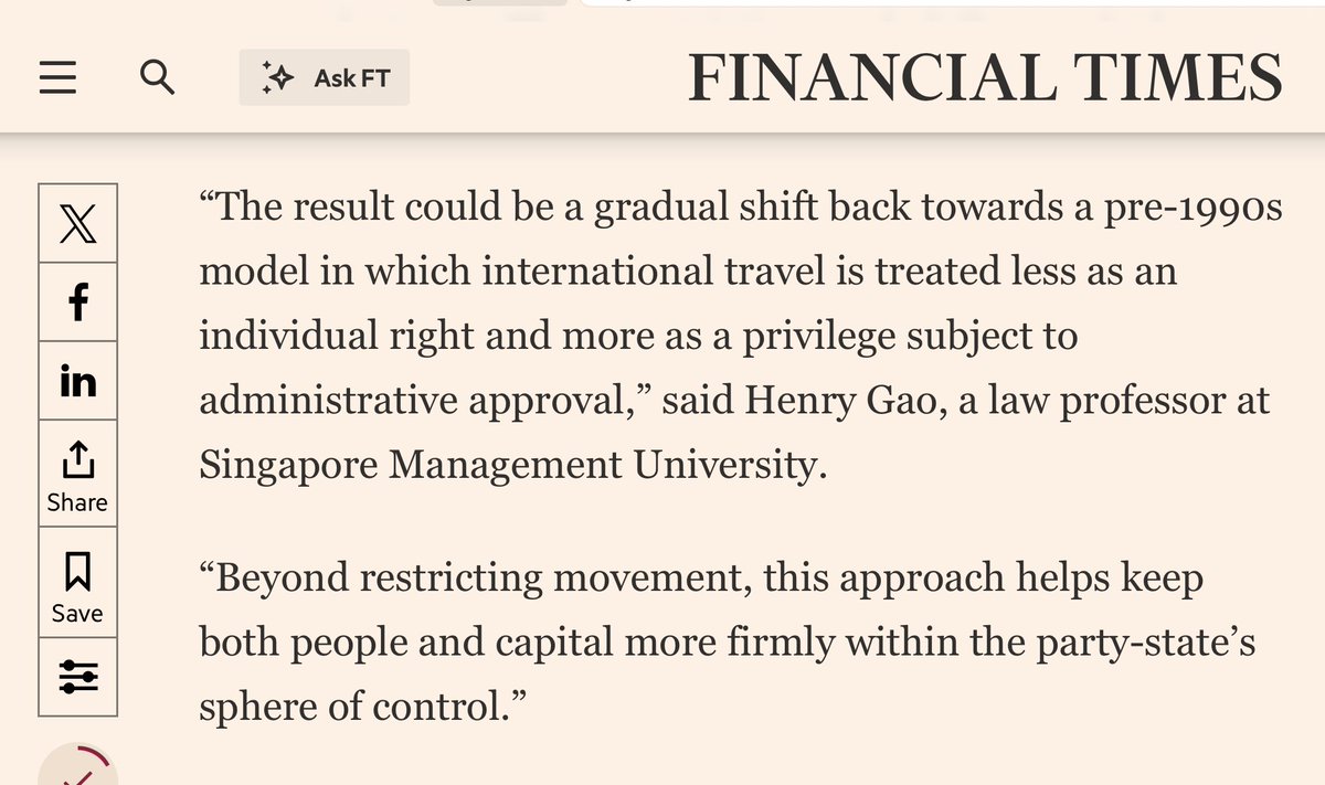 henrysgao's tweet photo. With China’s new exit regulations taking effect today, I spoke with @FT's @leahyjoseph about the broader implications. https://t.co/PCPQneBwZW