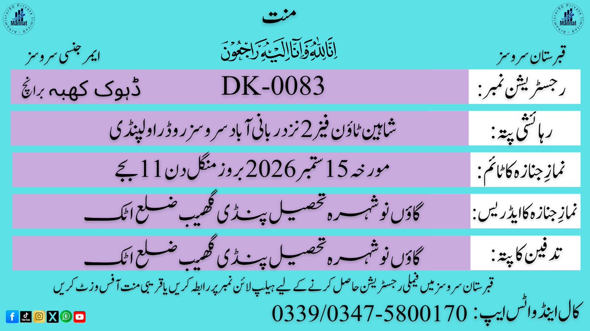 Emer90Mannat's tweet photo. اِنَّا لِلّٰہِ وَاِنَّا اِلَیْہِ رَاجِعُوْنَ
نمازِ جنازہ میں شرکت فرما کر ثواب دارین حاصل کریں 
قبرستان سروسز کے تحت انتظامات مکمل ہیں https://t.co/YdEWPcg0pu