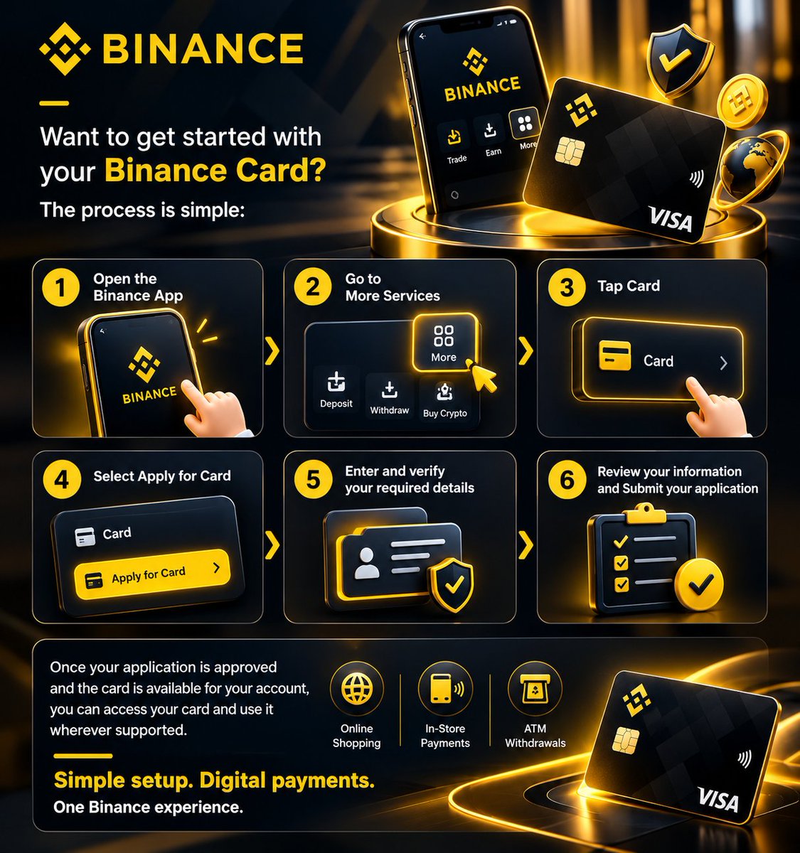Awais7780's tweet photo. 💳 Binance Card — Simple, Convenient Digital Payments

Getting started with the Binance Card is simple. Through the Binance App, users can easily navigate to the Card section, submit the required information, complete verification, and apply for their card.

Once approved and available on the account, the card can be used for supported digital payments and everyday spending.

✨ Simple setup. Digital payments. One Binance experience.

#Binance
#learnwithbinance #BinanceCard #BinanceAcademy #Crypto #DigitalPayments #BinanceCommunity