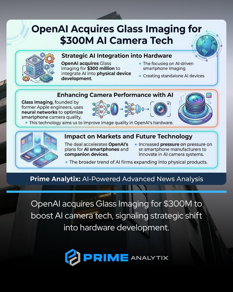 PrimeAnalytix's tweet photo. OpenAI acquires Glass Imaging for $300M to boost AI camera tech, signaling strategic shift into hardware development.
https://t.co/zGOEZD4qyz
#AIHardware #CameraTechnology #TechAcquisition #SmartphoneCamera #AIIntegration #OpenAI #GlassImaging #AIHardwareDevelopment #Camera https://t.co/yktMNHojKY