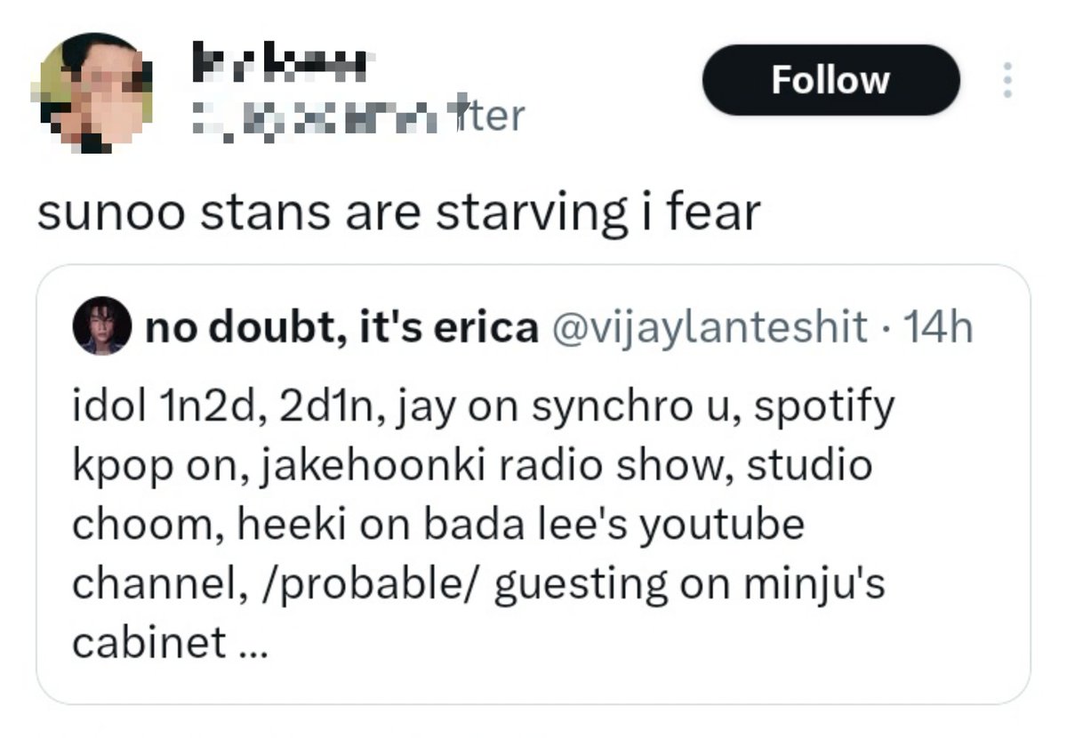 pinknooieu's tweet photo. for years of stanning sunoo, i never thought i’d see the day people would call him the “company’s fav” just because he’s finally getting the bare minimum promotion through guestings this comeback. for years, we had to constantly campaign just to get him the opportunities he deserved, and we were called “evil” and “annoying” for speaking up.

when we called out the company for giving sunoo fewer promotions and guestings, you were the same people defending them with “the show only invites the most popular member” and “sunoo’s time will come.” and now that he’s finally getting some opportunities, suddenly he’s being favored?

we weren’t asking for special treatment or for him to get more than everyone else. we were asking for the same opportunities you’re now complaining about. you can’t spend years telling us to wait for his turn, only to throw a fit when his turn finally comes.