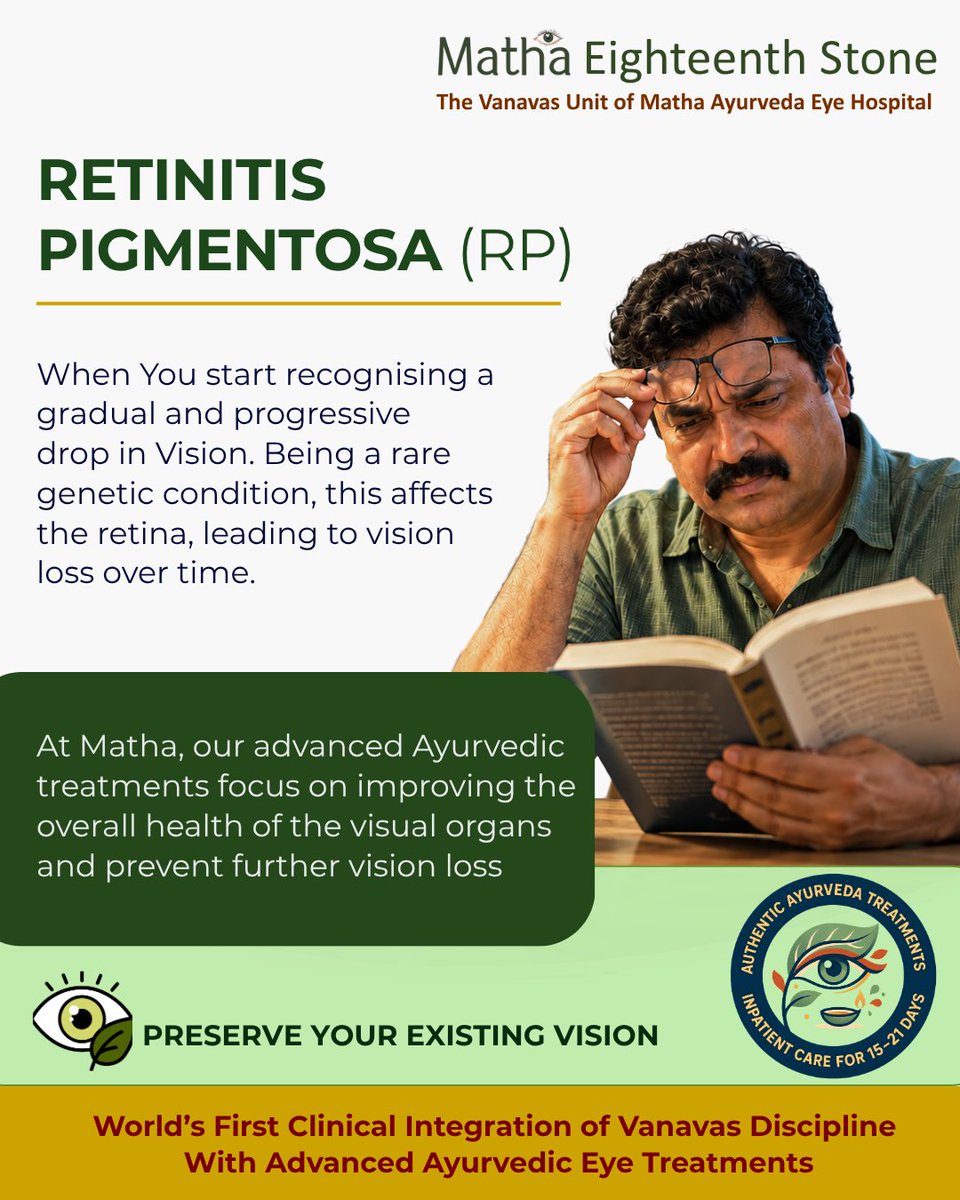 eighteenthstone's tweet photo. Retinitis Pigmentosa can gradually affect vision. Matha provides systematic and carefully supervised inpatient Ayurvedic eye care focused on supporting retinal health and preserving existing vision.

Appointments: +91 9562195533

#retinitispigmentosa #eyecare #matha #vanavas https://t.co/d8x02LzKm6