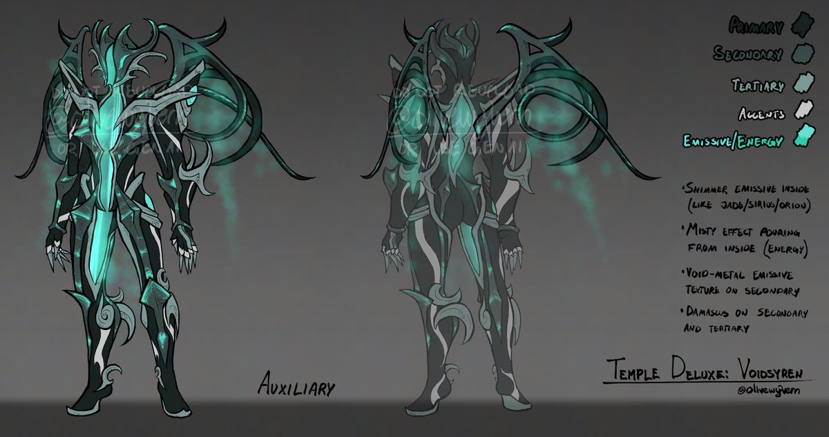 olivewyvern's tweet photo. it is with IMMENSE excitement that i finally reveal my temple deluxe concept, Voidsyren, including skins for temple, lizzie, and the riot-848 pistol, and a fancy little pair of toggle-able auxiliary wings!
#warframefanart #tennocreate https://t.co/IhWfuDYoDY