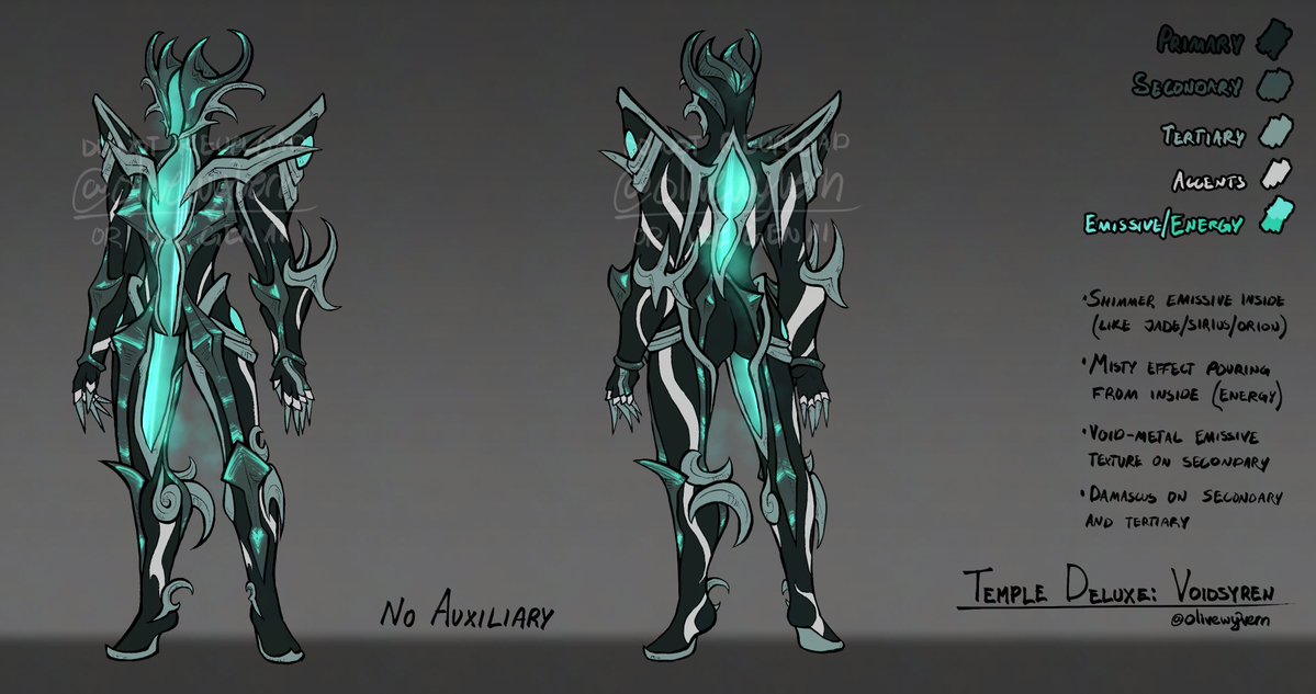 olivewyvern's tweet photo. it is with IMMENSE excitement that i finally reveal my temple deluxe concept, Voidsyren, including skins for temple, lizzie, and the riot-848 pistol, and a fancy little pair of toggle-able auxiliary wings!
#warframefanart #tennocreate https://t.co/IhWfuDYoDY