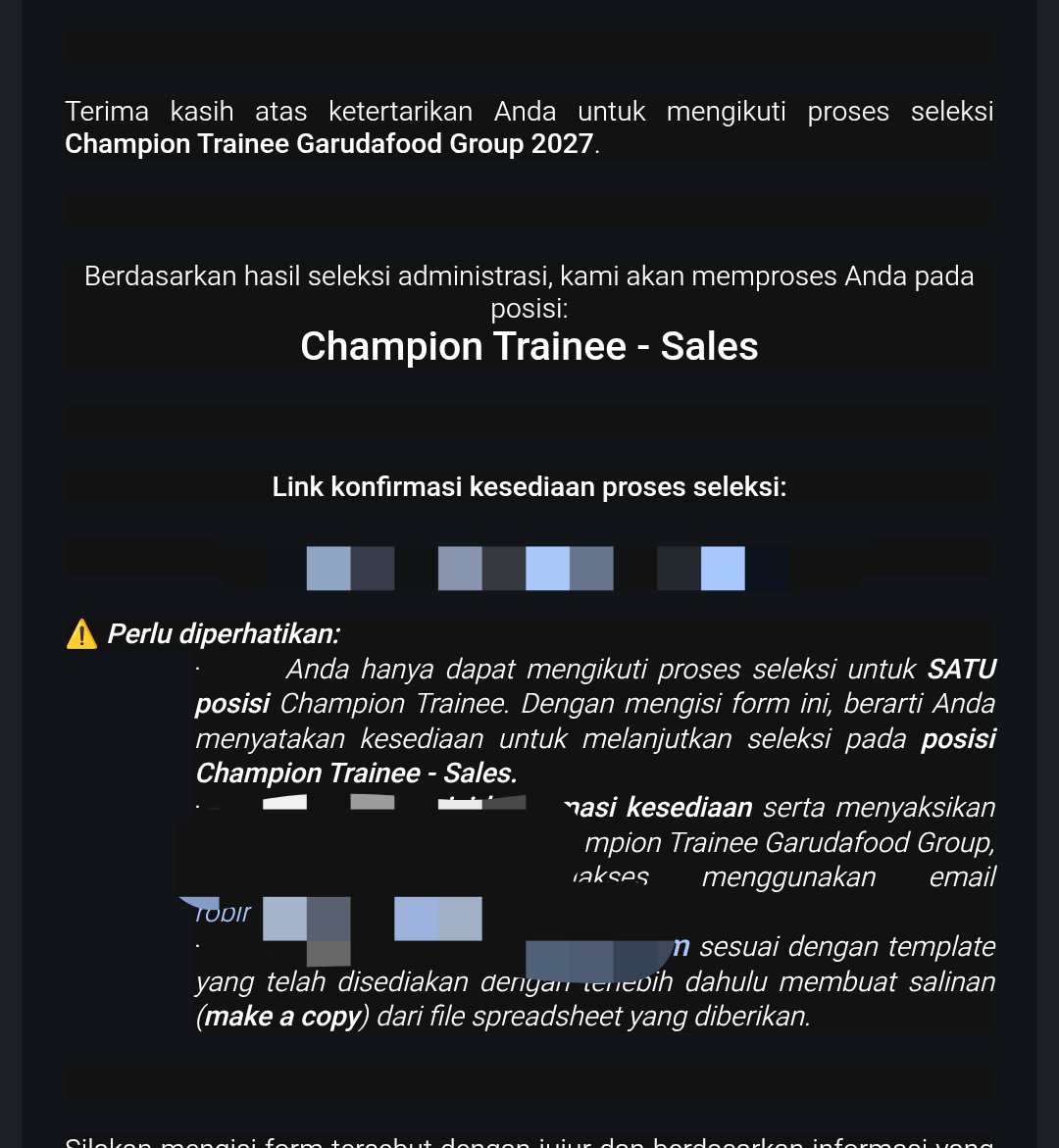 arclherryw's tweet photo. Ada yang udah dapet notifikasi ini? di MT Garudafood 
Maksudnya ini hasil seleksi administrasi ya? bukan psikotes kemarin?

Soalnya aku daftar 2, nah yg udah psikotes itu yg Sales , kalo yg Supply Chain blm

Ada info guys?
MT Garuda food https://t.co/37949wCcIn