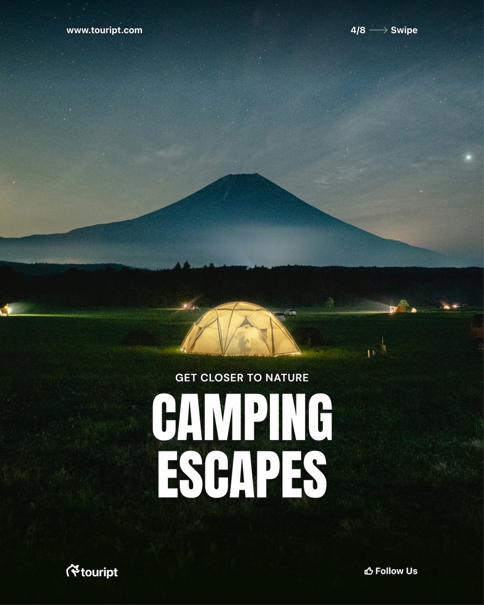 touript_'s tweet photo. Camping Escapes
Get closer to nature. Spend a night outdoors, wake up to peaceful surroundings, and take a break from the everyday routine. https://t.co/J2HhIFYgmp
