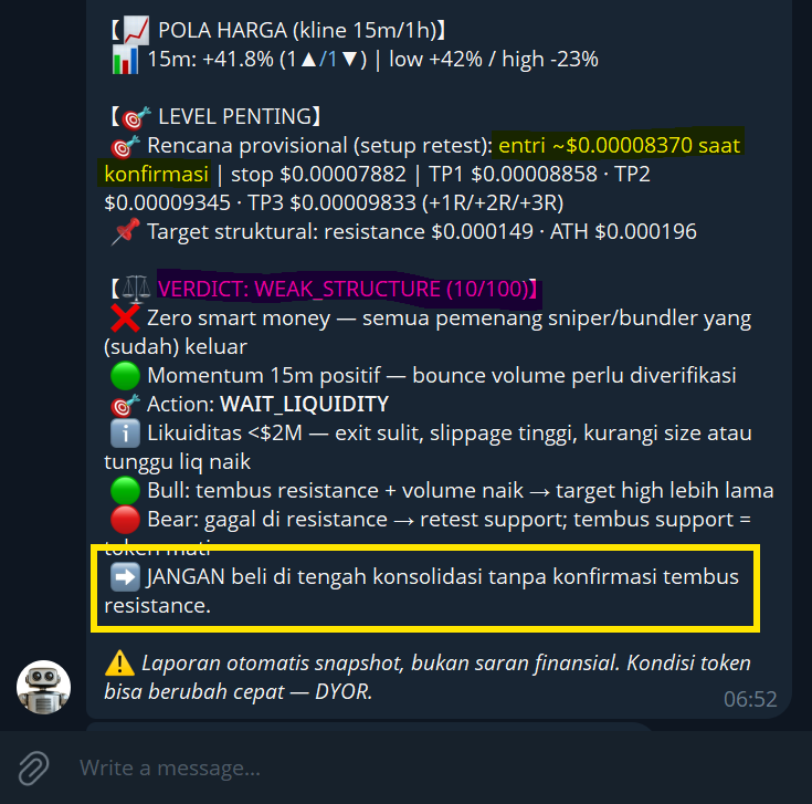 badidoyo's tweet photo. CARA AGENT MENGHINDARKAN TRADER DARI RUGPULL

06:50
Ada token lolos filter➡️AMATI DULU🧐

06:52
Hasil forensik keluar beserta trading plan🗒️

06:57
Harga turun ke support, agent bilang WAIT⏱️

07:00
Support jebol➡️trading plan INVALID➡️NO ENTRY➡️trader selamat dari rugpull 😘 https://t.co/Mu8nxFsfTu