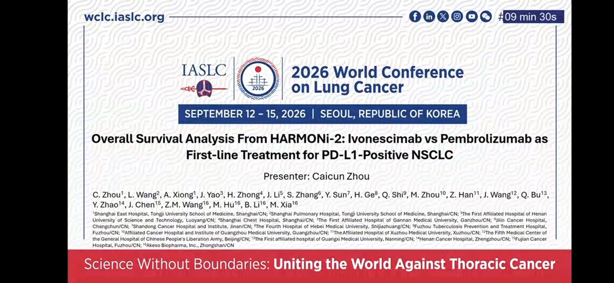 KSamalaMD's tweet photo. #HARMONI2 OS analysis : #Ivonescimab vs #pemmbrolizumab in PDL1 high NSCLC #WCLC26 https://t.co/drPfQBSLBd