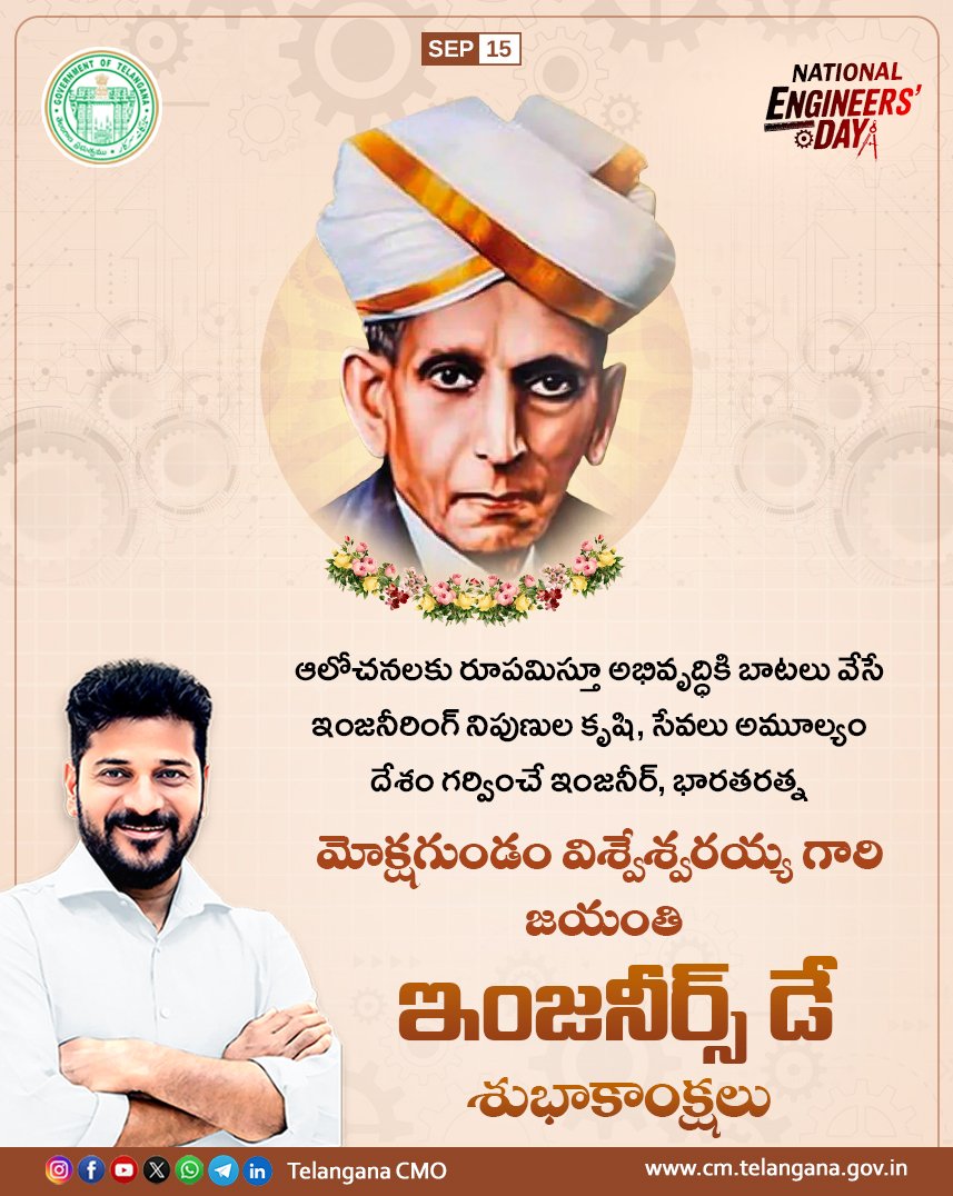 TelanganaCMO's tweet photo. "భారతదేశం గర్వించదగిన తొలితరం ఇంజనీర్, భారతరత్న, సర్ మోక్షగుండం విశ్వేశ్వరయ్య గారి జయంతి రోజున జరుపుకునే ‘జాతీయ ఇంజనీర్స్ డే’ సందర్భంగా దేశంలోని ఇంజనీర్లందరికీ హృదయపూర్వక శుభాకాంక్షలు.

అసాధారణ ప్రతిభ, క్రమశిక్షణ, అంకితభావం, దూరదృష్టితో దేశ అభివృద్ధికి విశ్వేశ్వరయ్య గారు అందించిన సేవలు చిరస్మరణీయమైనవి. ఆయన చూపిన బాటలో నేటి ఇంజనీర్లు సాంకేతిక పరిజ్ఞానాన్ని ప్రజా సంక్షేమంతో మేళవిస్తూ దేశ ప్రగతిలో కీలక పాత్ర పోషిస్తున్నారు.

భవనాలు, రహదారులు, సాగునీటి ప్రాజెక్టులు, పారిశ్రామిక రంగం నుంచి ఆధునిక సాంకేతికత వరకు ప్రతి రంగంలోనూ ఇంజనీర్ల కృషి దేశ అభివృద్ధికి వెన్నెముకగా నిలుస్తోంది. విశ్వేశ్వరయ్య గారి ఆదర్శాలను స్ఫూర్తిగా తీసుకుని, బలమైన మౌలిక వసతులు – అభివృద్ధి చెందిన సమాజం – ఆధునిక భారతదేశం నిర్మాణంలో ఇంజనీర్లు మరింత కీలక పాత్ర పోషించాలని ఆకాంక్షిస్తూ..."

ముఖ్యమంత్రి శ్రీ @revanth_anumula గారు

Happy National Engineer's Day!

#MokshagundamVisvesvaraya #NationalEngineersDay