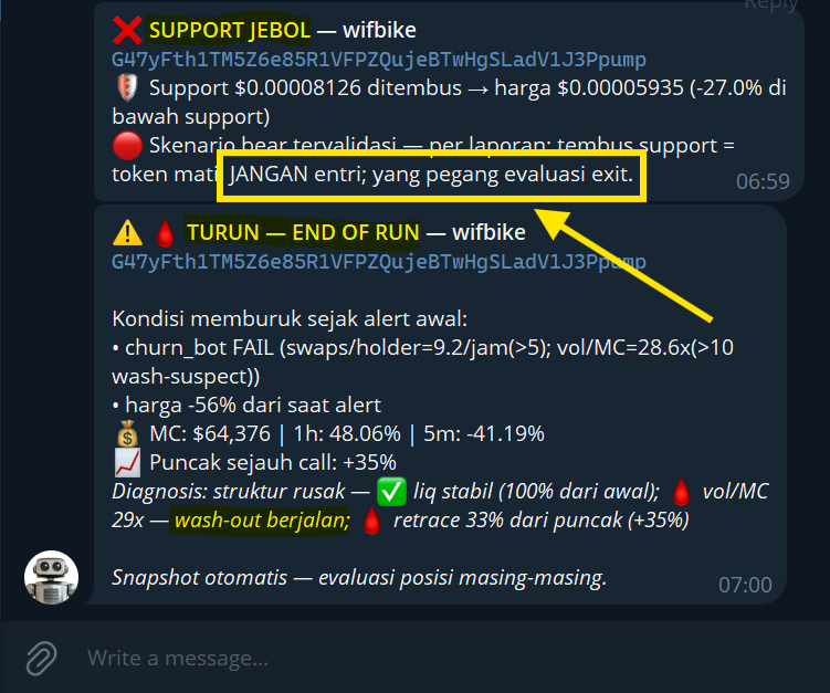 badidoyo's tweet photo. CARA AGENT MENGHINDARKAN TRADER DARI RUGPULL

06:50
Ada token lolos filter➡️AMATI DULU🧐

06:52
Hasil forensik keluar beserta trading plan🗒️

06:57
Harga turun ke support, agent bilang WAIT⏱️

07:00
Support jebol➡️trading plan INVALID➡️NO ENTRY➡️trader selamat dari rugpull 😘 https://t.co/Mu8nxFsfTu