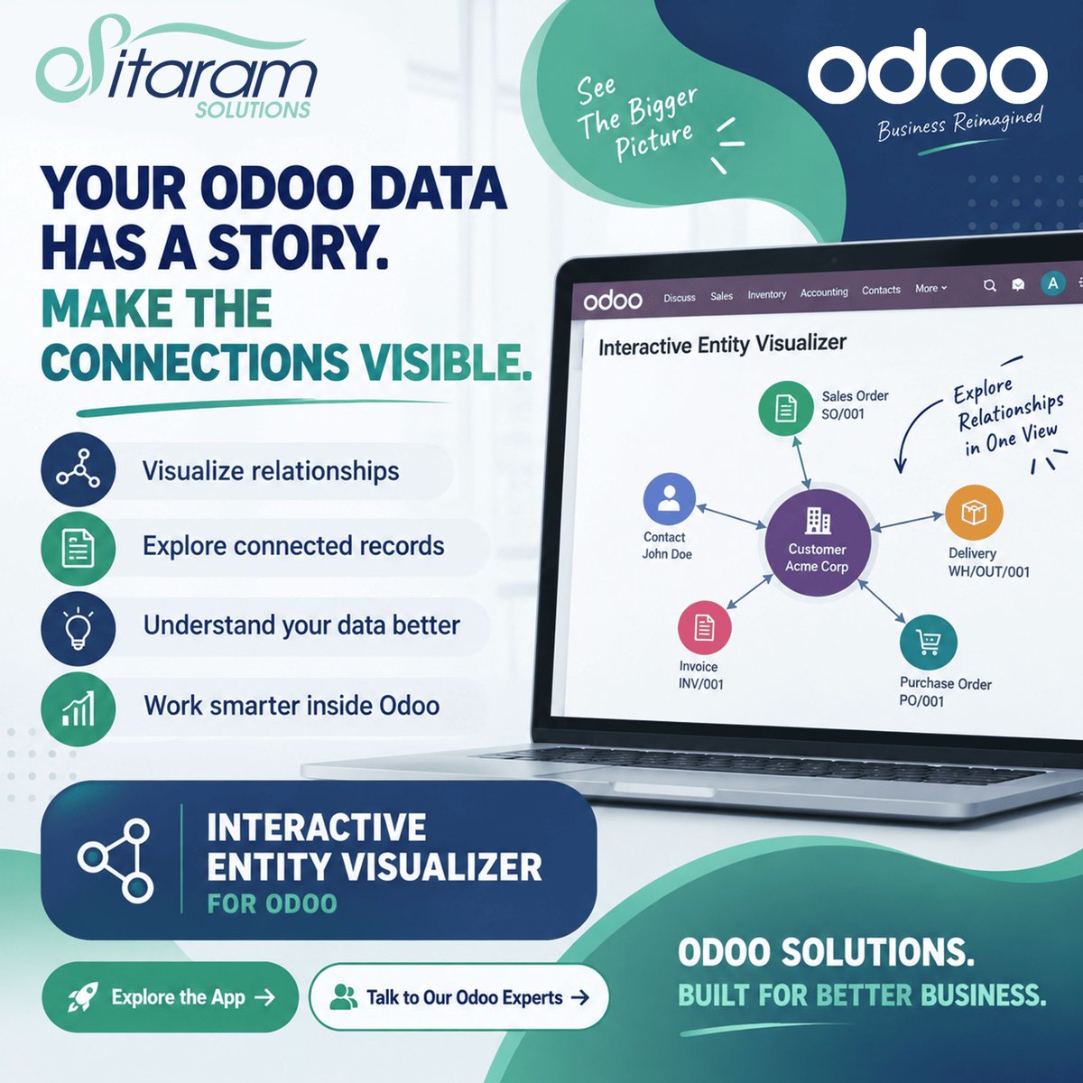 SitaramSolution's tweet photo. See how Odoo records connect without switching screens. Interactive Entity Visualizer maps related records in one clickable view.
https://t.co/qBISLsmtwJ
#SitaramSolutions #Odoo #ERP #OdooPartner #OdooServices #DataVisualization #OdooData #BusinessData #DataManagement https://t.co/ATYZk2dpCp