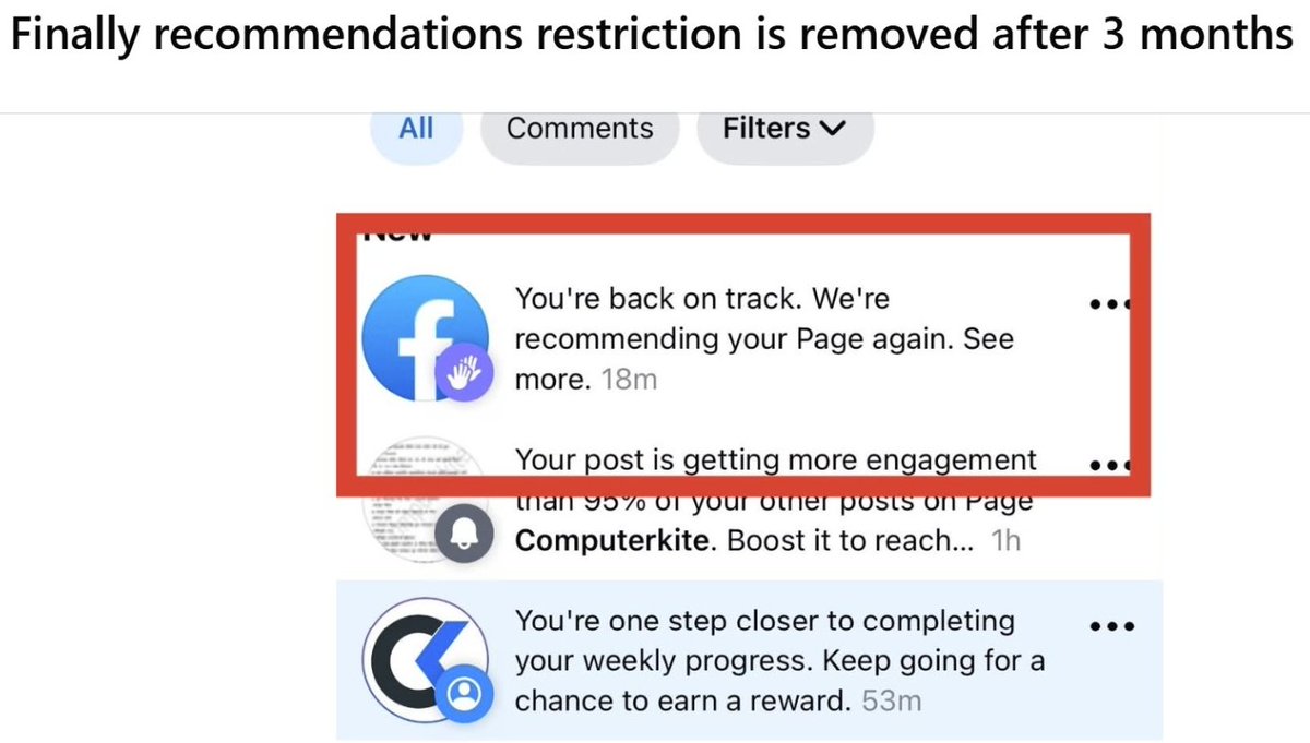 Facebook Professional Dashboard showing recommendation restrictions lifted after three months of clean content