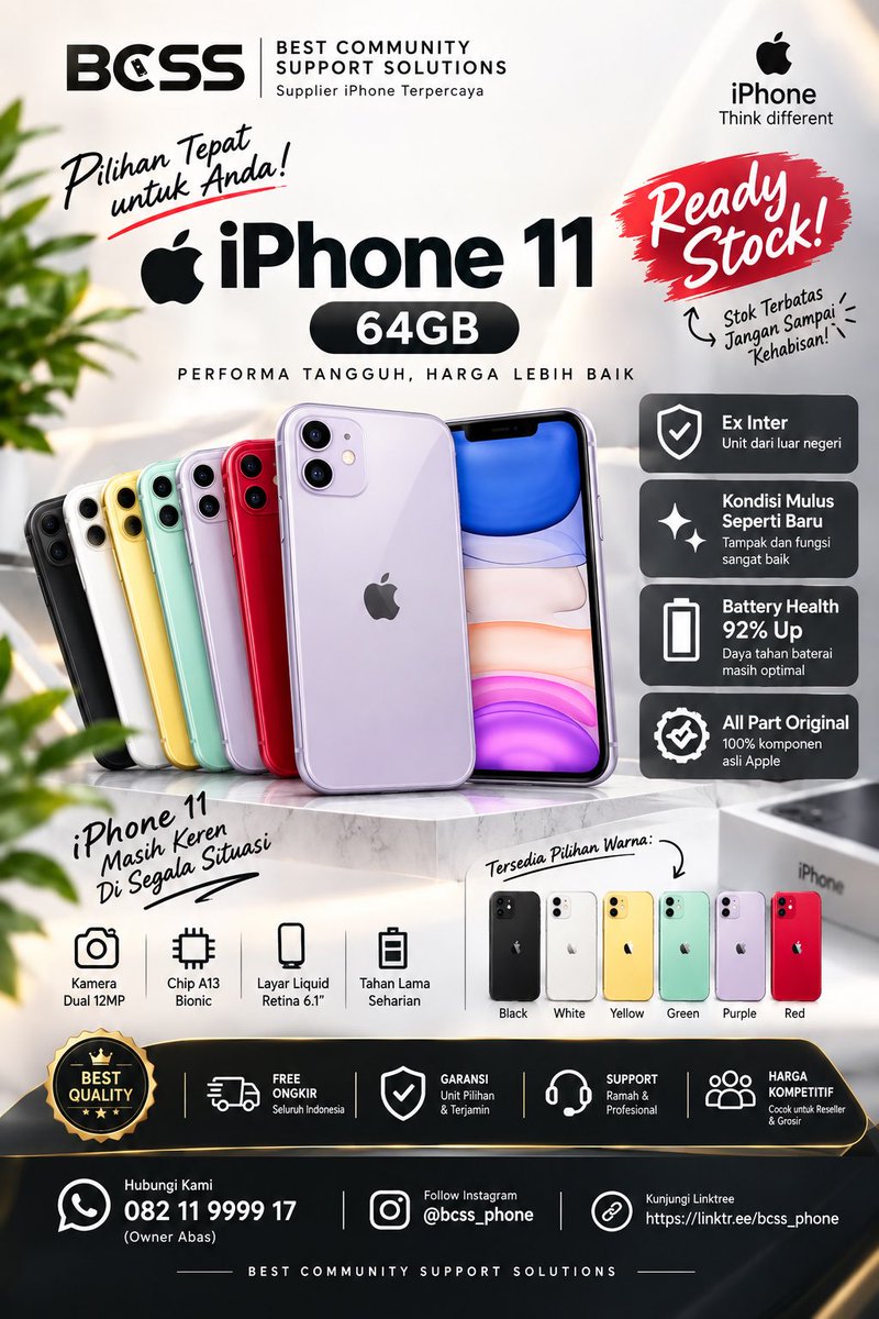bcss_phone's tweet photo. READY STOCK iPhone 11 64GB!

💥 Kualitas terjamin, siap jual &amp; siap pakai!
Cocok untuk reseller maupun pemakaian pribadi.

📲 Order sekarang sebelum stok habis!

📞 WA: 0821 1999 917
📸 IG: @bcss_phone

BEST COMMUNITY SUPPORT SOLUTION
Trusted iPhone Supplier from Batam https://t.co/dCTQqsqNFE