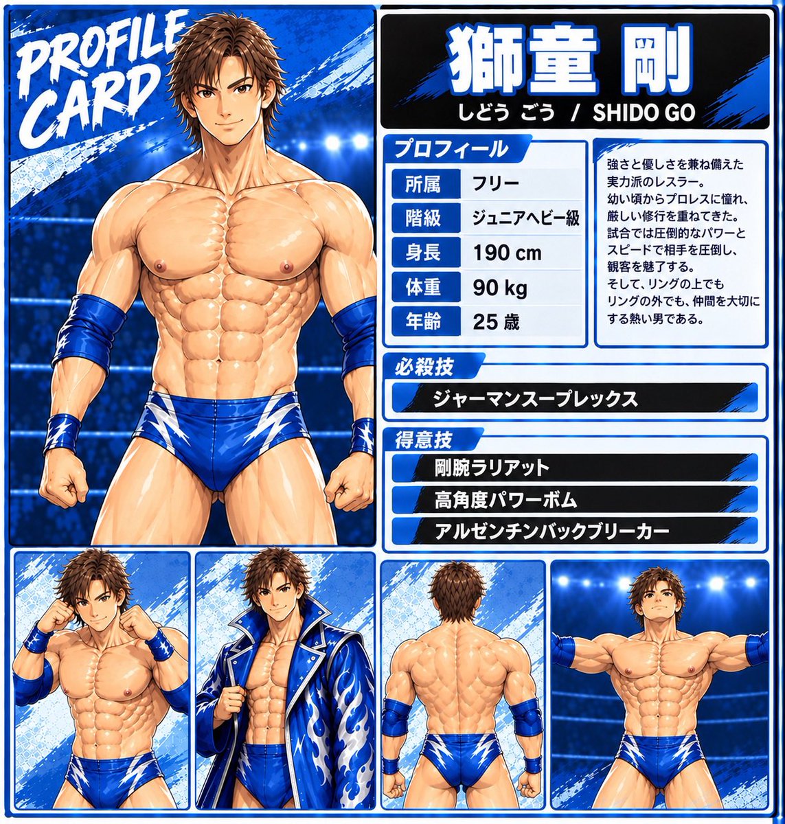 kshige86's tweet photo. 獅童　剛　25歳、190cm、90kg
フリーレスラー、鍛え抜かれた肉体と卓越した技術を持つ若き闘士。太い腕から放たれる剛腕ラリアット、高い打点から投げられる高角度パワーボム、極まれば最後のアルゼンチンバックブリーカー、必殺のジャーマンスープレックス、どの技も強力。
#AIレスラー https://t.co/5F9xaIu8jt