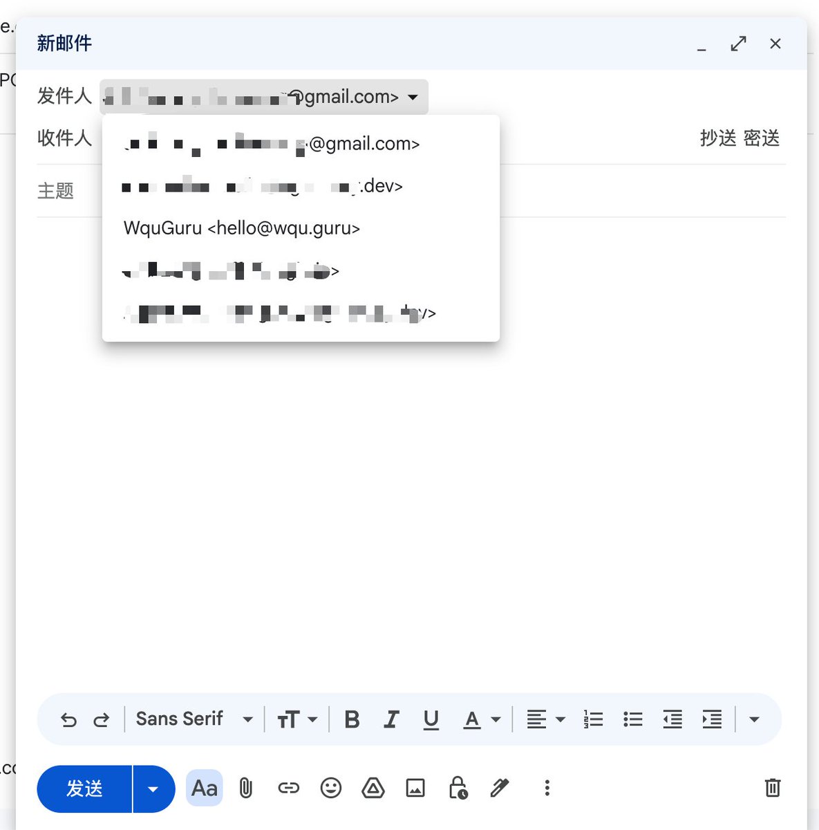 wquguru's tweet photo. 个人域名邮箱更简单的办法：Cloudflare + Gmail，只需两步：

1. 收信用 Cloudflare Email Routing，把个人域名收件转到 Gmail，支持 Catch-all（图一，在Cloudflare中配置）

2. 发信直接用 Gmail 自带的「以其他身份发送」（Send mail as），SMTP 填：

服务器：https://t.co/7mKLuAtvZd
端口：587（TLS）或 465（SSL）
用户名：你的 Gmail
密码：Google 应用专用密码
（图二，在 Gmail 设置中配置）

配置完毕后，就可以在 Gmail 里自如收发了（图三）